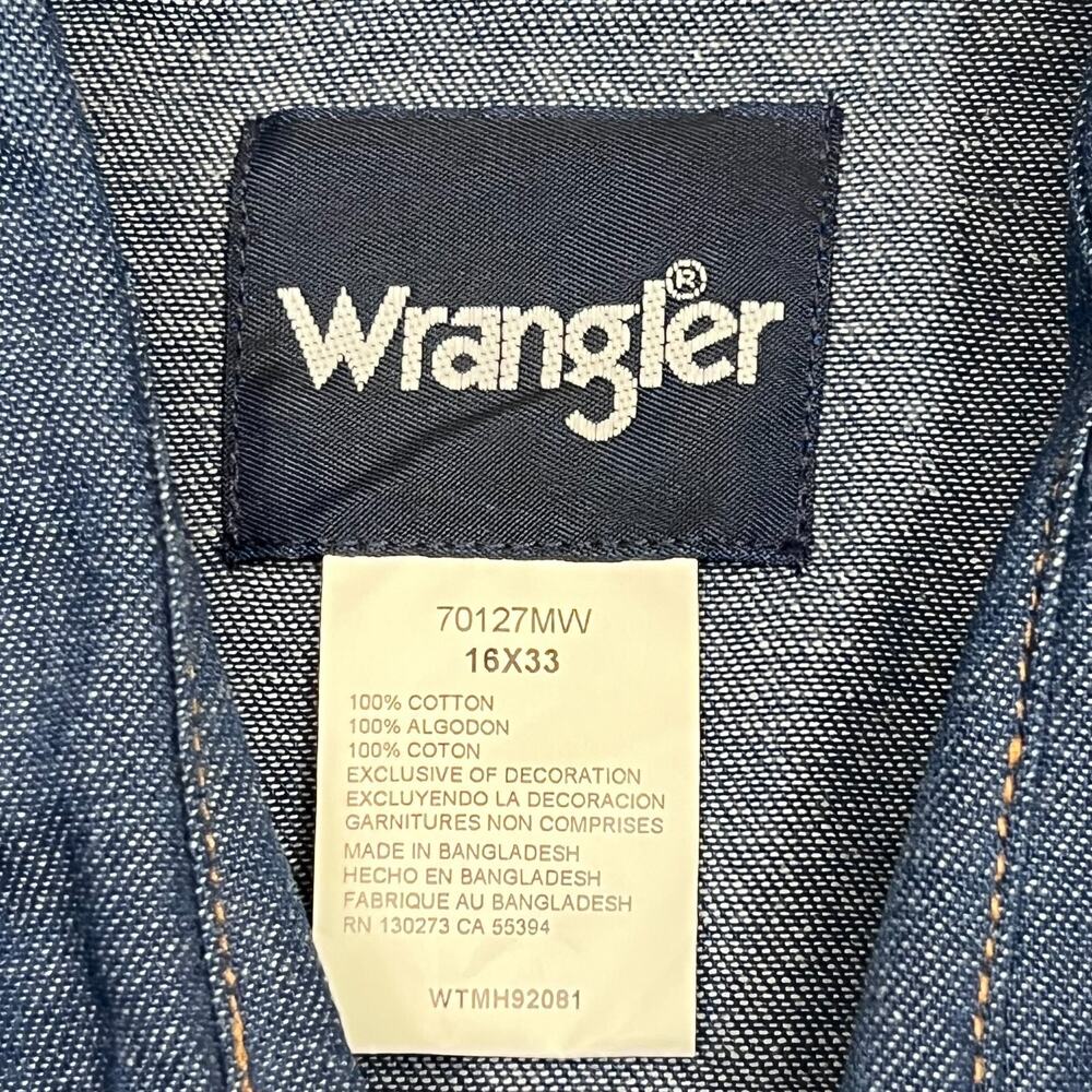 Wrangler Western Shirt Men's 16 X 33 Blue Denim 100% Cotton Pockets Pearl Snap - Picture 5 of 9